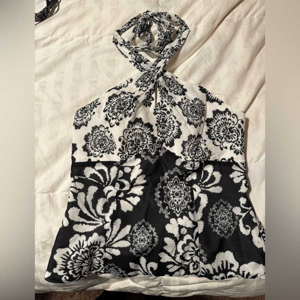White House Black Market Monochrome Floral Halter Tank Top
